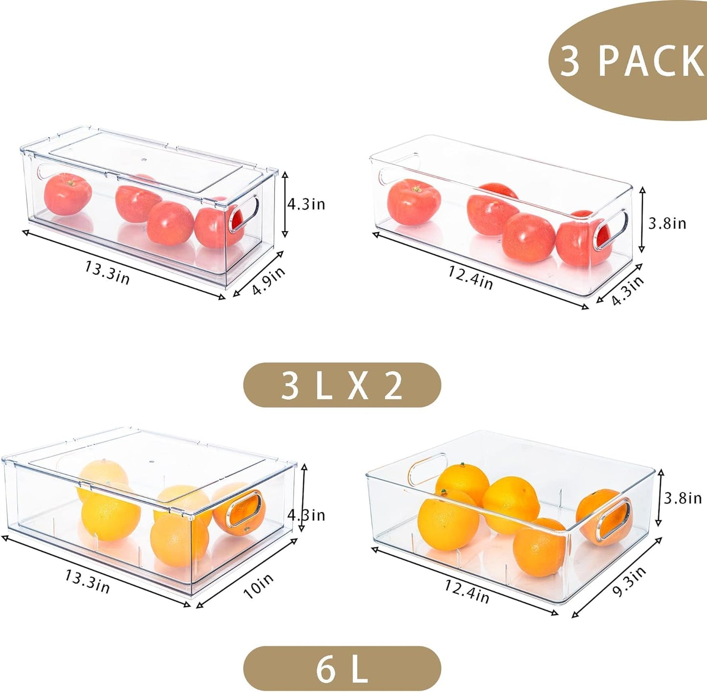 3Pack Fridge Organizer Drawer Divider Cube Pull-Out Bins Clear Food Container Refrigerator Storage box Produce Saver for Pantry Kitchen Cabinet