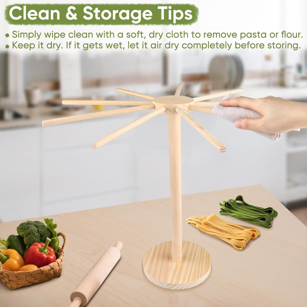 Pasta Drying Rack - 9 Sticks Wooden Pasta Dryer Stand Large