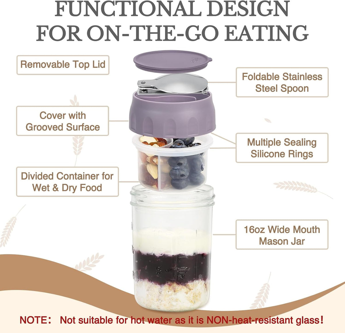 SOLIGT 4 Pack Overnight Oats Containers with Lids, Folding Spoons and Divided Compartments for Fruit & Nuts, Small Glass 16oz Mason Jars for Oatmeal (4 Set-Oat White/Green/Rose/Blue)