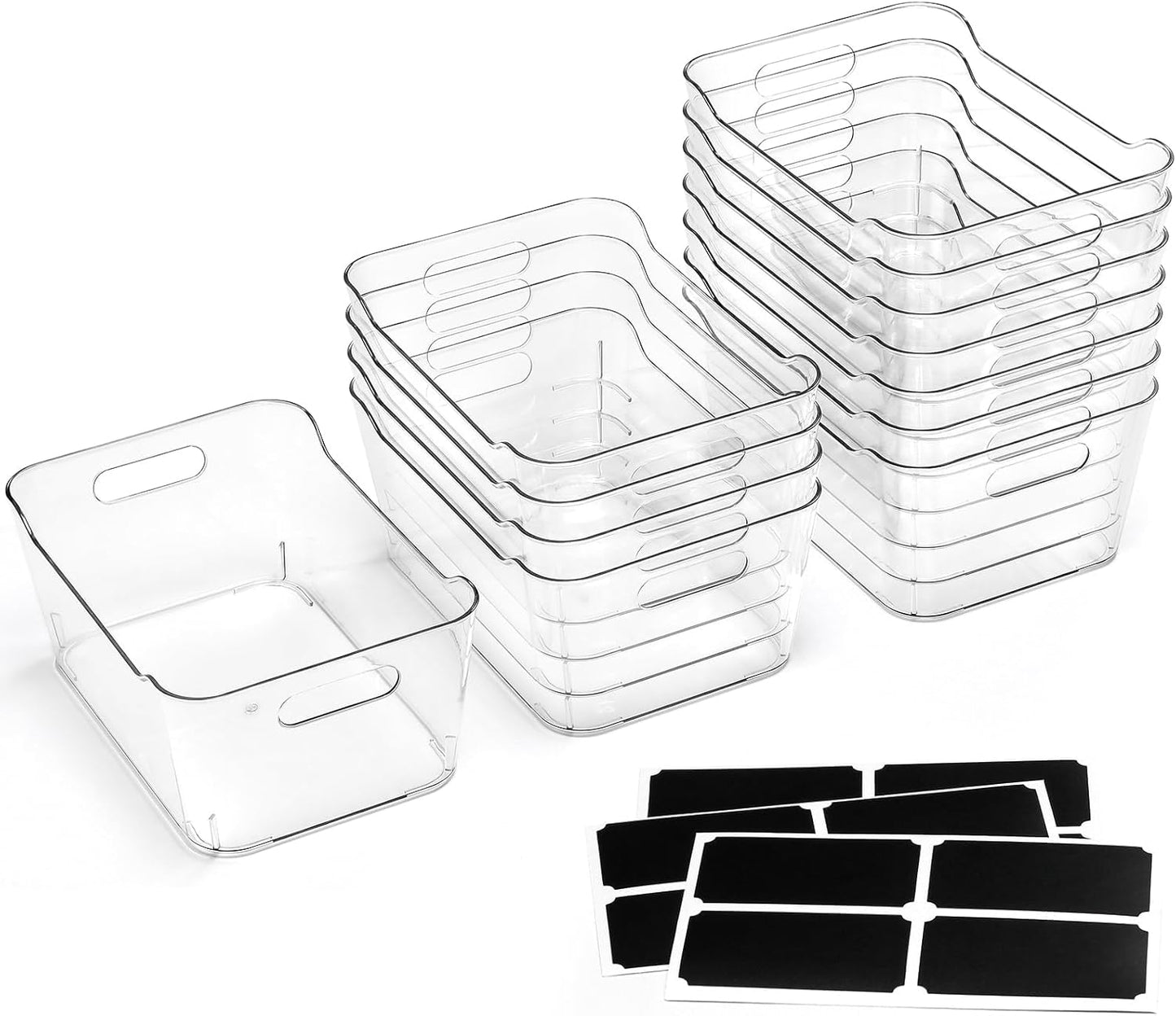 12 PACK Multi-Use Clear Plastic Storage Bins for Organizing w/ Labels - Home, Kitchen, Pantry, Bathroom, Office, Cabinet Shelf Organizer Bins - SOHO Collection, RV, Fridge Organization Containers -XL