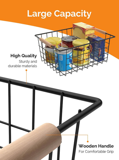 Wire Basket with Wooden Handle, Metal Utility Storage Basket for Organizing Kitchen Pantry Cabinets, Closet and Garage Shelves Drawers, Office Metal Basket Storage Organizer with Handle (Black 4 Pack)