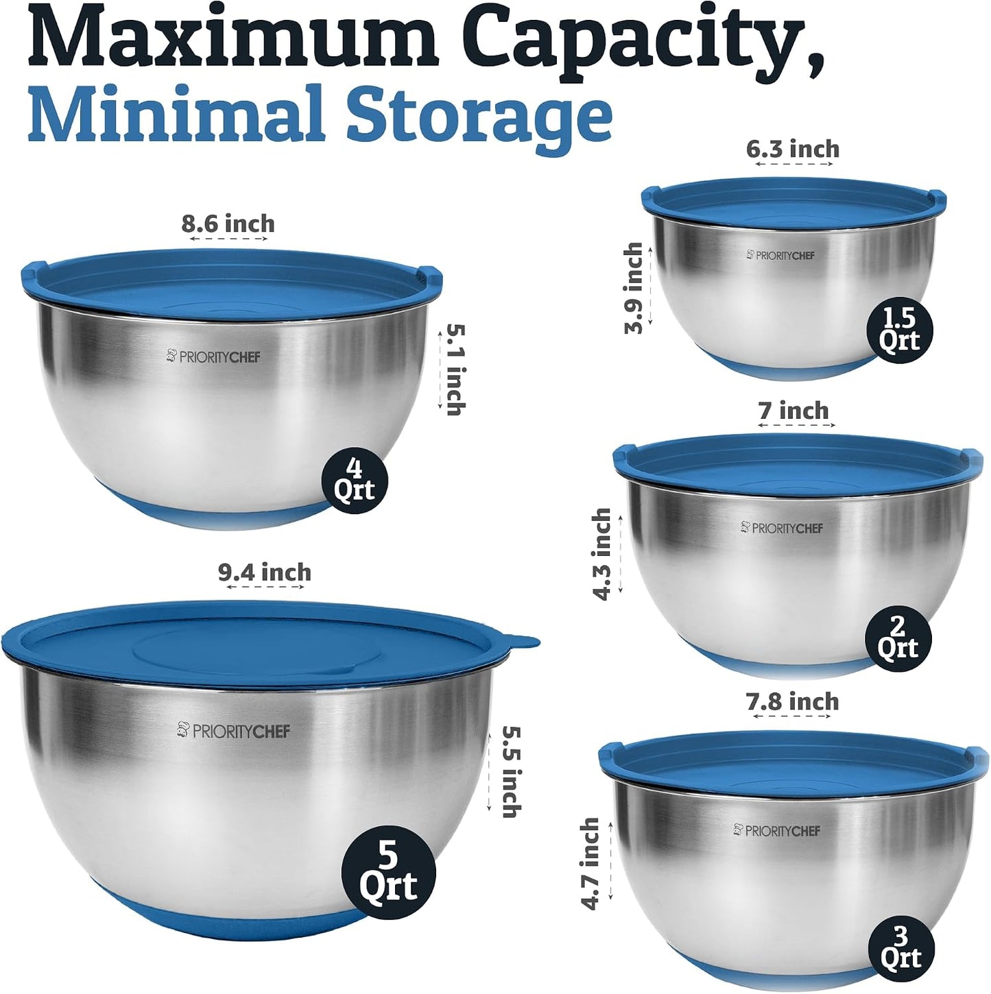 Priority Chef Stainless Steel Mixing Bowls with Lids Set, 3 Grater Attachments, Airtight Lids, Non-Slip Silicone Base Mixing Bowl Set, Large Prep Metal Mixing Bowls for Kitchen, Black