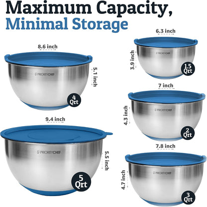 Priority Chef Stainless Steel Mixing Bowls with Lids Set, 3 Grater Attachments, Airtight Lids, Non-Slip Silicone Base Mixing Bowl Set, Large Prep Metal Mixing Bowls for Kitchen, Black