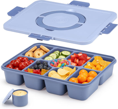 Snackle Box Container, Divided Serving Tray with Lid and Handle, 9 Compartments Snack Box Container for Adults, Portable Charcuterie Serving Platter for Candy Fruit, 9.9 Cups, White Grey