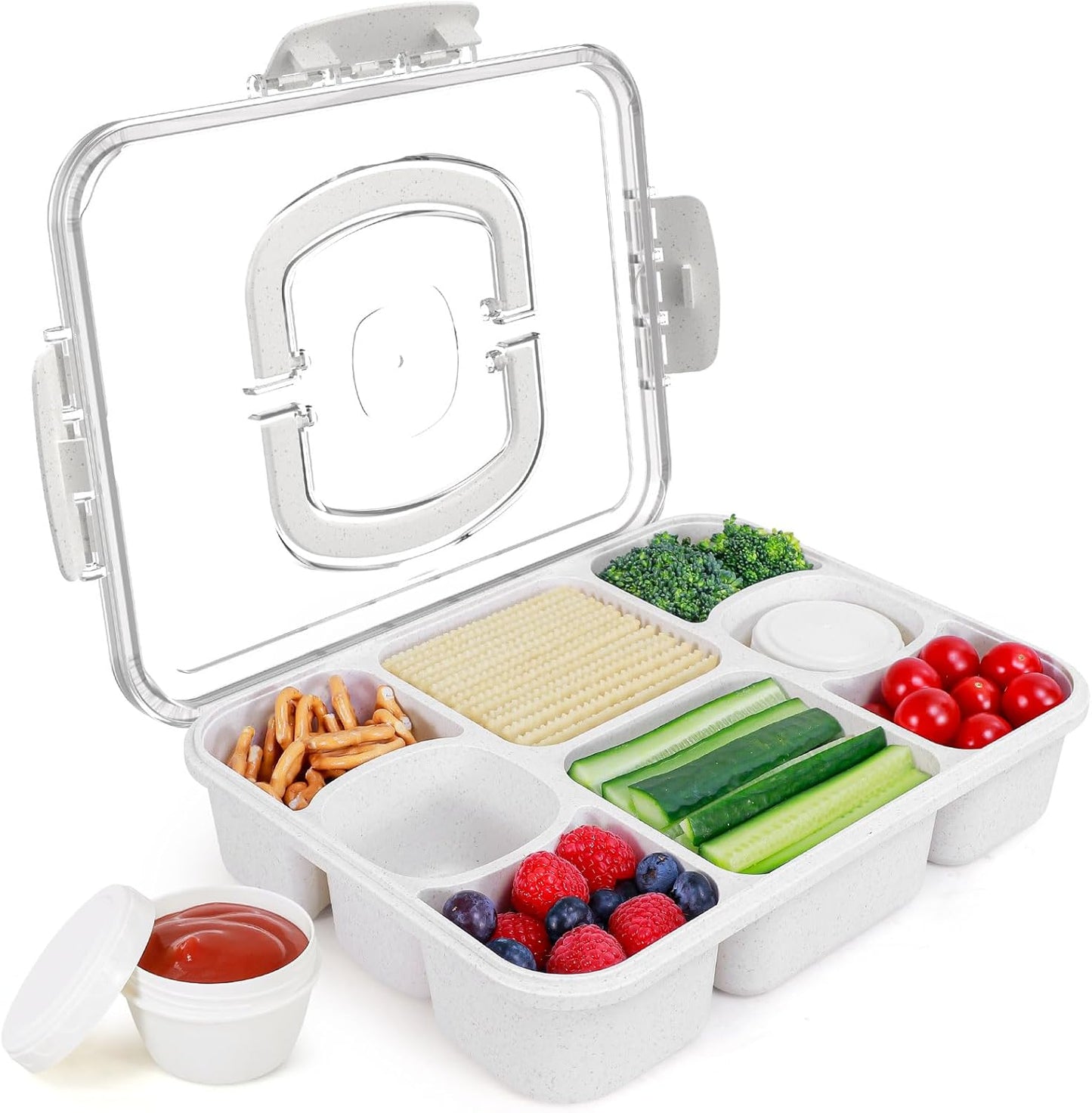 Large Snackle Box Container with 2 Sauce Cups, 8-Compartment Divided Serving Tray with Lid & Handle, Portable Snack Tray for Travel Picnic, Leak-Proof, Dishwasher Safe, BPA-Free