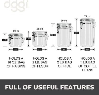 Oggi 4pc Clear Canister Set with Clamp Lids & Spoons - Airtight Food Storage Containers, Ideal for Kitchen & Pantry Storage of Bulk, Dry Food Including Flour, Sugar, Coffee, Rice, Tea, Spices & Herbs