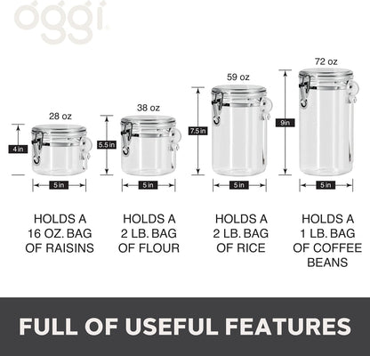 Oggi 4pc Clear Canister Set with Clamp Lids & Spoons - Airtight Food Storage Containers, Ideal for Kitchen & Pantry Storage of Bulk, Dry Food Including Flour, Sugar, Coffee, Rice, Tea, Spices & Herbs