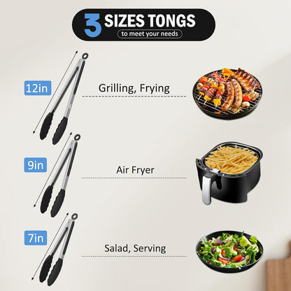 Kitchen Tongs, Stainless Steel Cooking Tongs with Silicone Tips, 600ºF High Heat-Resistant Non Scratch Locking Tongs for Cooking BBQ Grilling Air Fryer Pans, Set of 3 (7" 9" and 12") Black