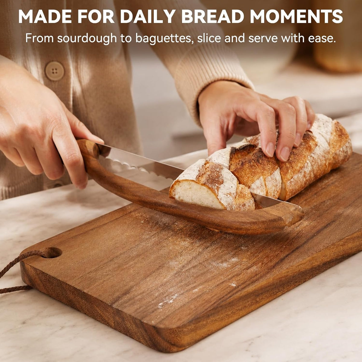 Premium Walnut Bread Cutting Board and Knife Set, Curved Serrated Bread Knife for Homemade Bread, Sourdough Bread Board with Magnetic Knife Storage