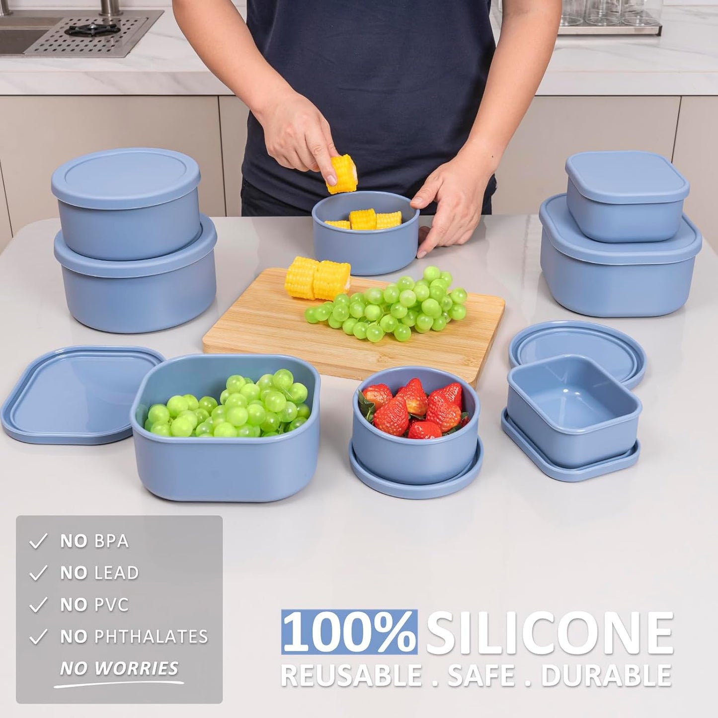100% Silicone Food Storage Containers with Lids, 8 Pack, 10oz to 51oz, Reusable Leakproof Nesting & Stackable Silicone Bento Lunch Box, Microwave Freezer Dishwasher Oven Safe, BPA Free, Slate Green