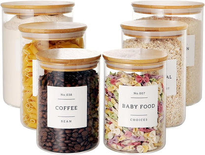 CZZGSM Set of 6 Glass Flour and Sugar jars with 132 Kitchen Pantry Labels - Thicken Large Glass Storage containers with Airtight Bamboo Lid - Rice Canisters for Salt Coffee - 100OZ/54OZ/27OZ