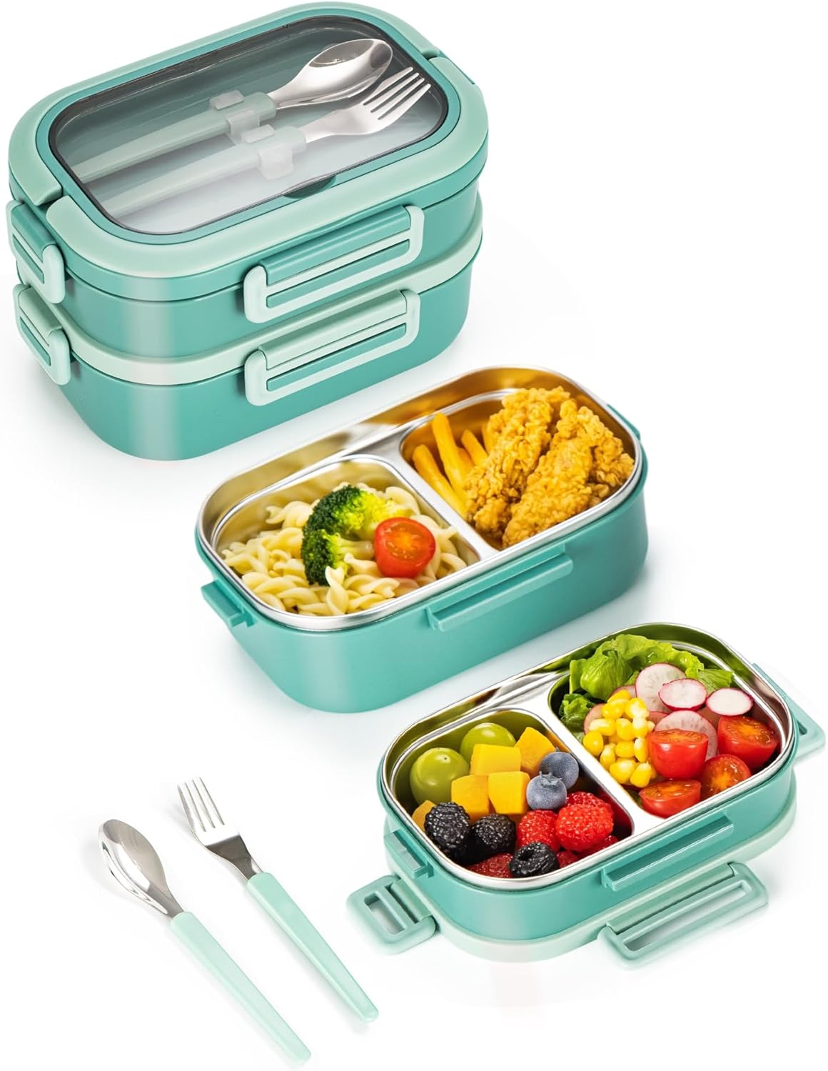 Lille Home 28oz Stainless Steel Leakproof 2-Compartment Bento Lunch Box/Portion Control Food Container with Lunch Bag and Cutlery Set, BPA Free (pink)