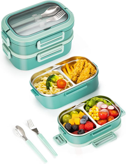 Lille Home 28oz Stainless Steel Leakproof 2-Compartment Bento Lunch Box/Portion Control Food Container with Lunch Bag and Cutlery Set, BPA Free (pink)