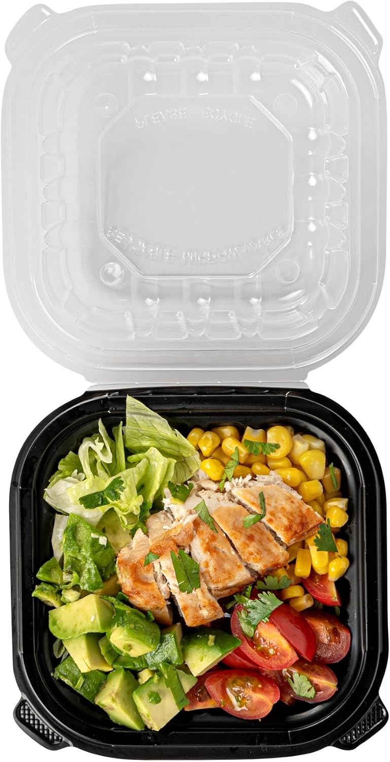 Thermo Tek 40 Ounce Clamshell Containers, 50 Disposable Take Out Boxes - 3 Compartments, Ventilated Lids, Black Plastic Meal Prep Containers, Microwavable, For Pasta Or Salads - Restaurantware