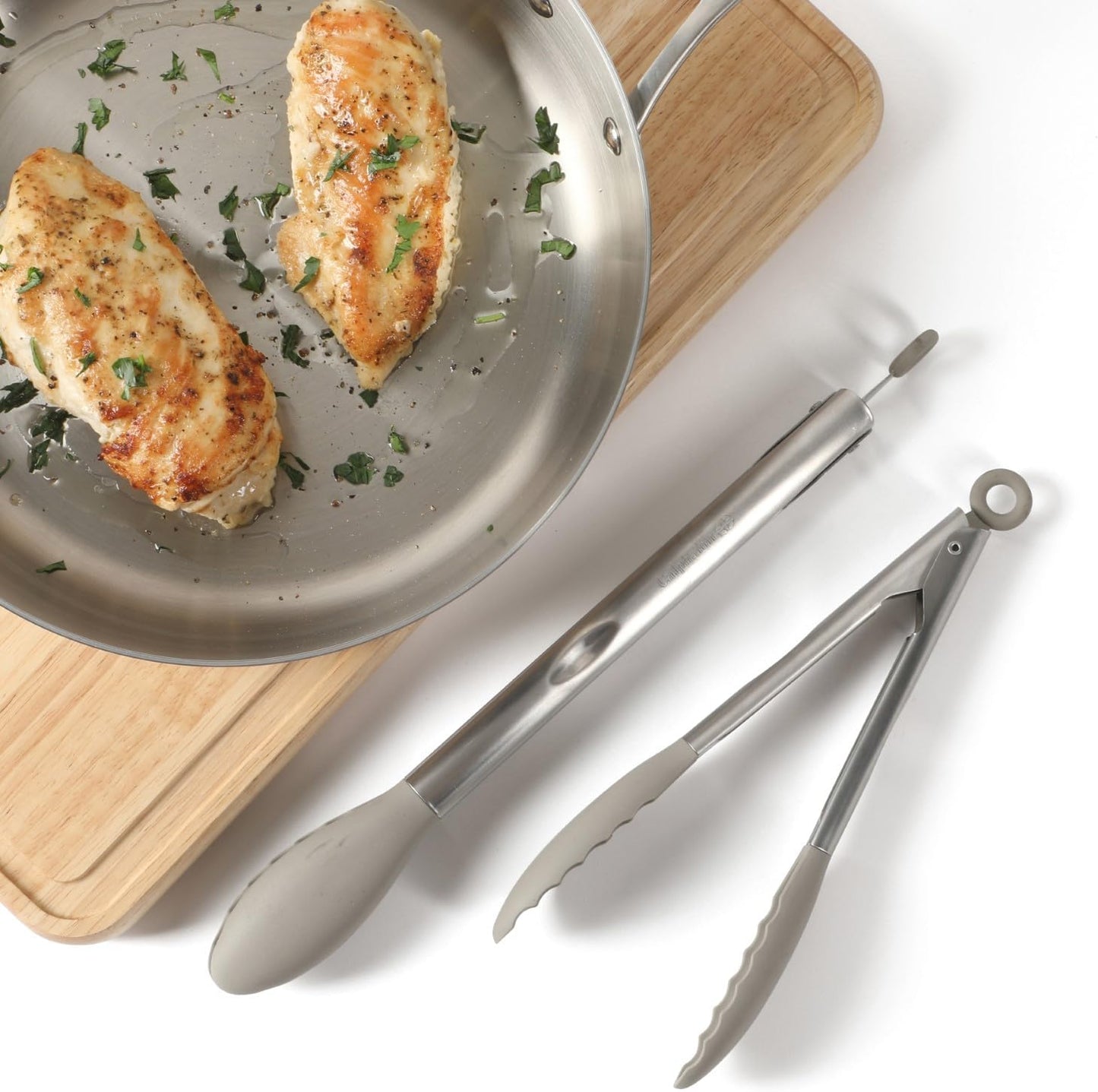 Calphalon Edge Tongs Set, 2-Piece Stainless Steel Kitchen Tongs Set with Silicone Heads, Includes 9-Inch & 12-Inch Heat-Resistant Locking Tongs for Cooking, Grilling & Serving, Taupe