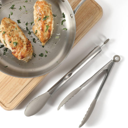 Calphalon Edge Tongs Set, 2-Piece Stainless Steel Kitchen Tongs Set with Silicone Heads, Includes 9-Inch & 12-Inch Heat-Resistant Locking Tongs for Cooking, Grilling & Serving, Taupe