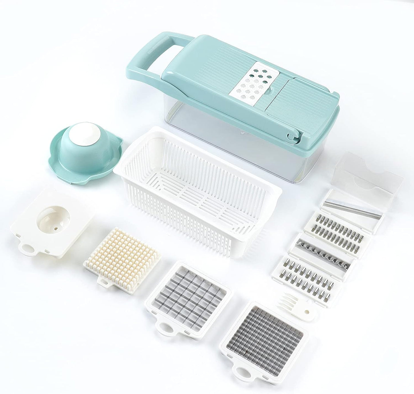 KEOUKE Vegetable Chopper Mandoline Slicer Grey - 12 in 1 Interchangeable Blades Food Chopper with Container, Hand Guard & Drainer, Veggie Dicer Kitchen Gadget for Onion, Cucumber, Tomato, Fruit