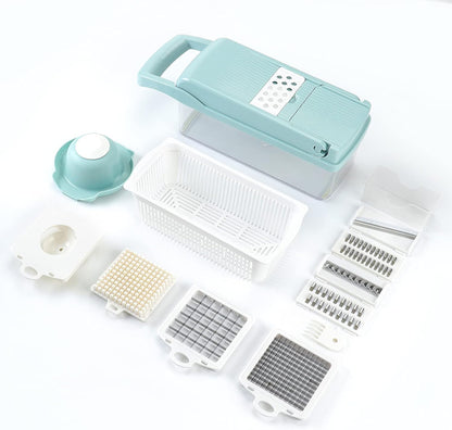 KEOUKE Vegetable Chopper Mandoline Slicer Grey - 12 in 1 Interchangeable Blades Food Chopper with Container, Hand Guard & Drainer, Veggie Dicer Kitchen Gadget for Onion, Cucumber, Tomato, Fruit