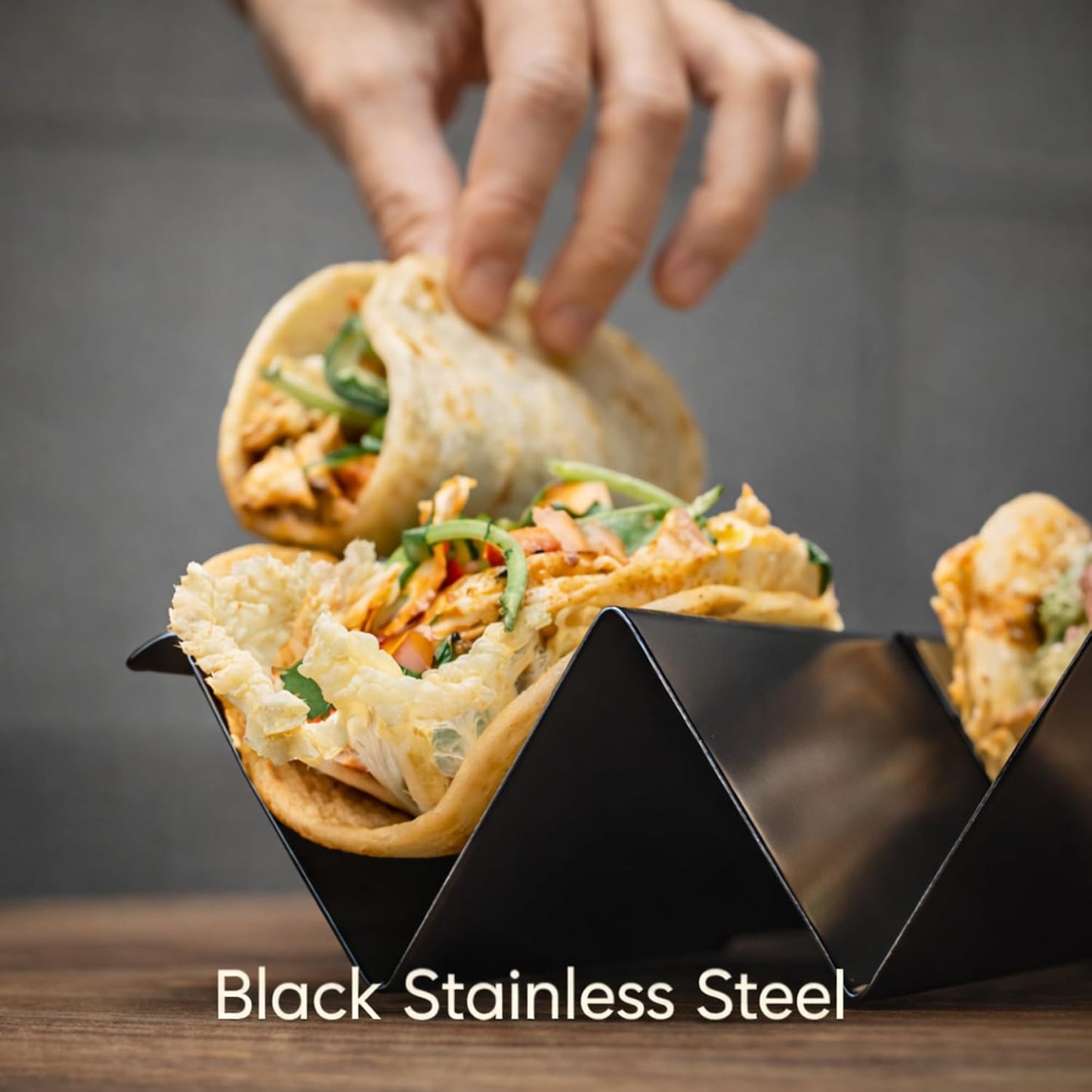 Taco Holders with Sauce Cups (Set of 2) - Black Stainless Steel Taco Stands for 3 Tacos - Dishwasher, Oven & Grill Safe Taco Rack Tray for Home, Parties & Kids by Serro