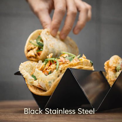 Taco Holders with Sauce Cups (Set of 2) - Black Stainless Steel Taco Stands for 3 Tacos - Dishwasher, Oven & Grill Safe Taco Rack Tray for Home, Parties & Kids by Serro