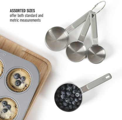 Calphalon Prime Measuring Cups, Kitchen Measurement Cup, 4-Piece Stainless Steel Kitchen Measuring Cup with Navy Silicone Handle Accurate, Durable for Dry and Liquid Ingredients