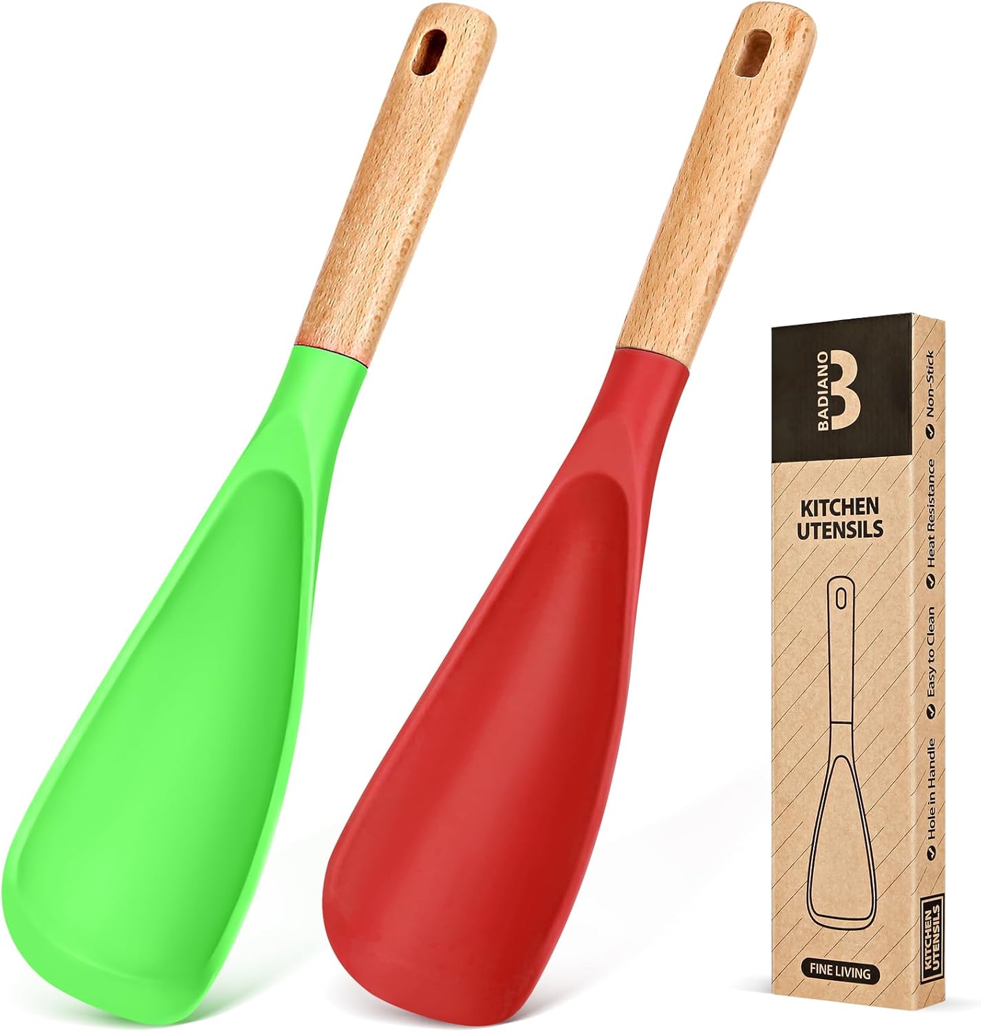 Cooking Spoon for Nonstick Cookwares, Great for Cooking and Serving Sturdy BPA-Free Matte Silicone, Wood Handle Spoon for Mixing, Scoop, and Scrape (Black & Grey, 11.4 inch)