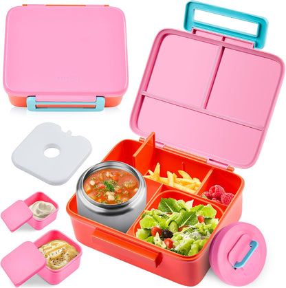 Bento Lunch Box for Kids with 8oz Soup Thermo Leak-Proof Lunch Food Containers with Snack Sauce Container for Kid Girls Boys to School (Pink Mermaid)