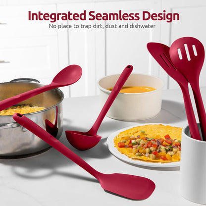 600ºF Heat Resistant Kitchen Utensil: U-Taste 13.6" Extra Long Silicone Cooking Tools Set, Food-Grade Non-Stick Solid and Slotted Turner Spatula, Mixing Spoon, and Soup Ladle (5 Pieces, Aqua Sky)