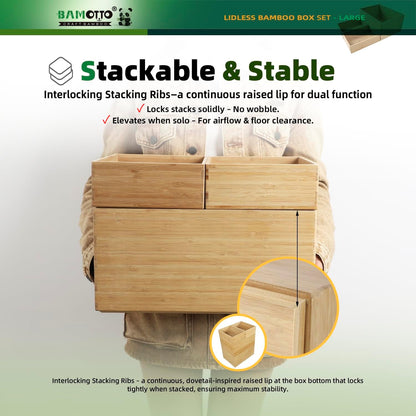 BAMOTTO CRAFTBAMBOO 2-Piece Large Bamboo Storage Box Set - 7.1in High Stackable Deep-Drawer Organizer, Lidless Bin for Kitchen Cutlery Utensils, Home & Office (14.6"x10.2"x7.1"+14.6"x10.2"x3.1")