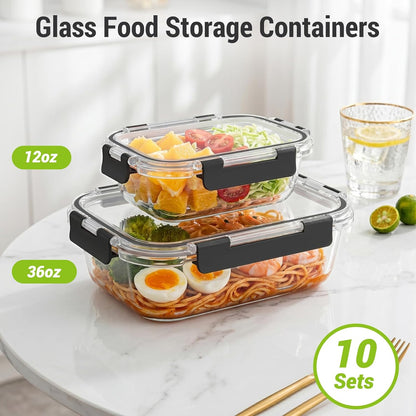 Dealusy 10 Sets (20-Piece) 36 oz & 12 oz Glass Food Storage Containers with lids, Airtight Leak-proof Glass Meal Prep Containers with Lids, Microwave Oven Freezer Dishwasher Safe, Gray