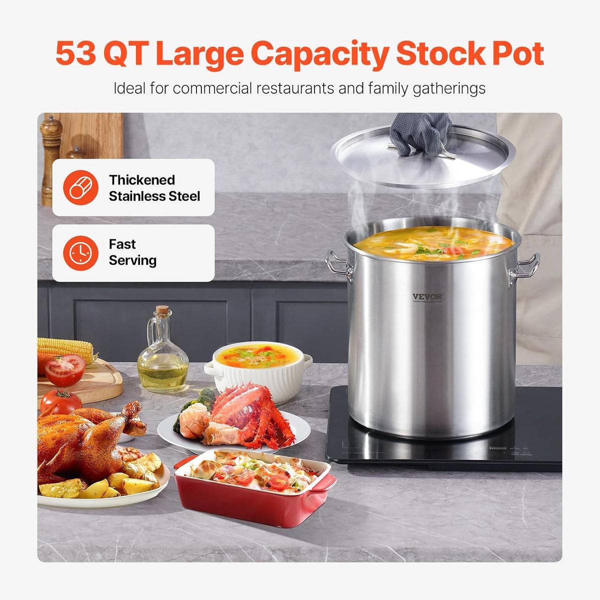 VEVOR Stainless Steel Stockpot, 42 Quart Large Cooking Pots, Cookware Sauce Pot with Strainer, Lid, and Handle, Heavy Duty Commercial Grade Stock Pot, Sanding Treatment, for Large Groups Events Silver