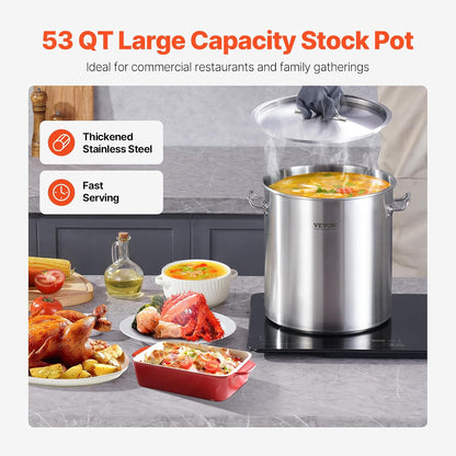 VEVOR Stainless Steel Stockpot, 42 Quart Large Cooking Pots, Cookware Sauce Pot with Strainer, Lid, and Handle, Heavy Duty Commercial Grade Stock Pot, Sanding Treatment, for Large Groups Events Silver