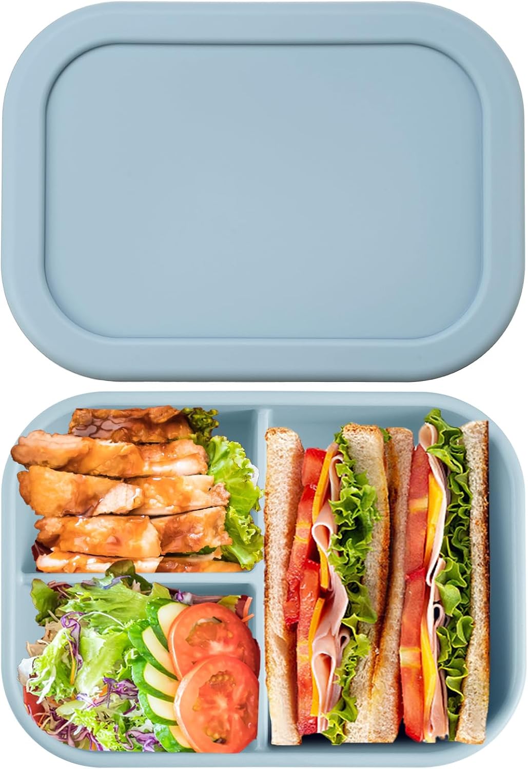 Layhit 4 Pcs Silicone Bento Box for Adults, 27 oz Bento Lunch Container Reusable 3 Compartment Lunchable Food Container for Women Men, Leak Proof Microwave Dishwasher Freezer Safe (Cool Colors)