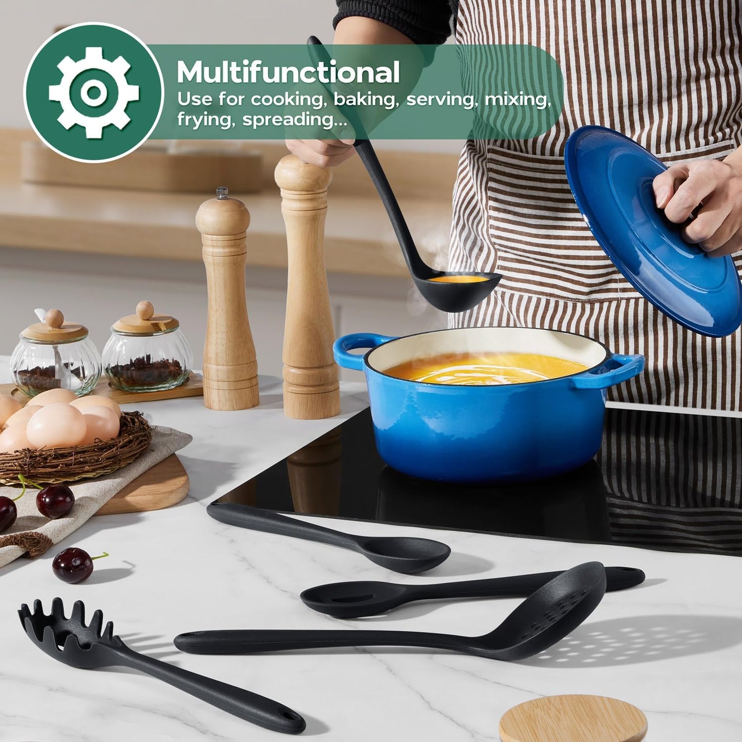 Onader Silicone Cooking Utensils Set of 10, Kitchen Utensils for Nonstick Cookware, Heat Resistant & Nontoxic Spatula Set- Khaki