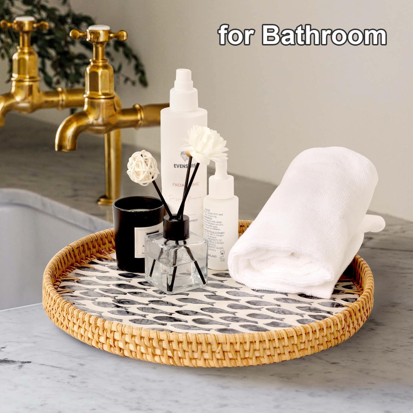 Round Rattan Tray with Mother of Pearl Inlay, Rattan Serving Tray for Coffee, Bread, Fruits, Decorative Wicker Tray for Table Decor, Home Decor, Kitchen Island Decor(Black Checkerboard, 11.8")