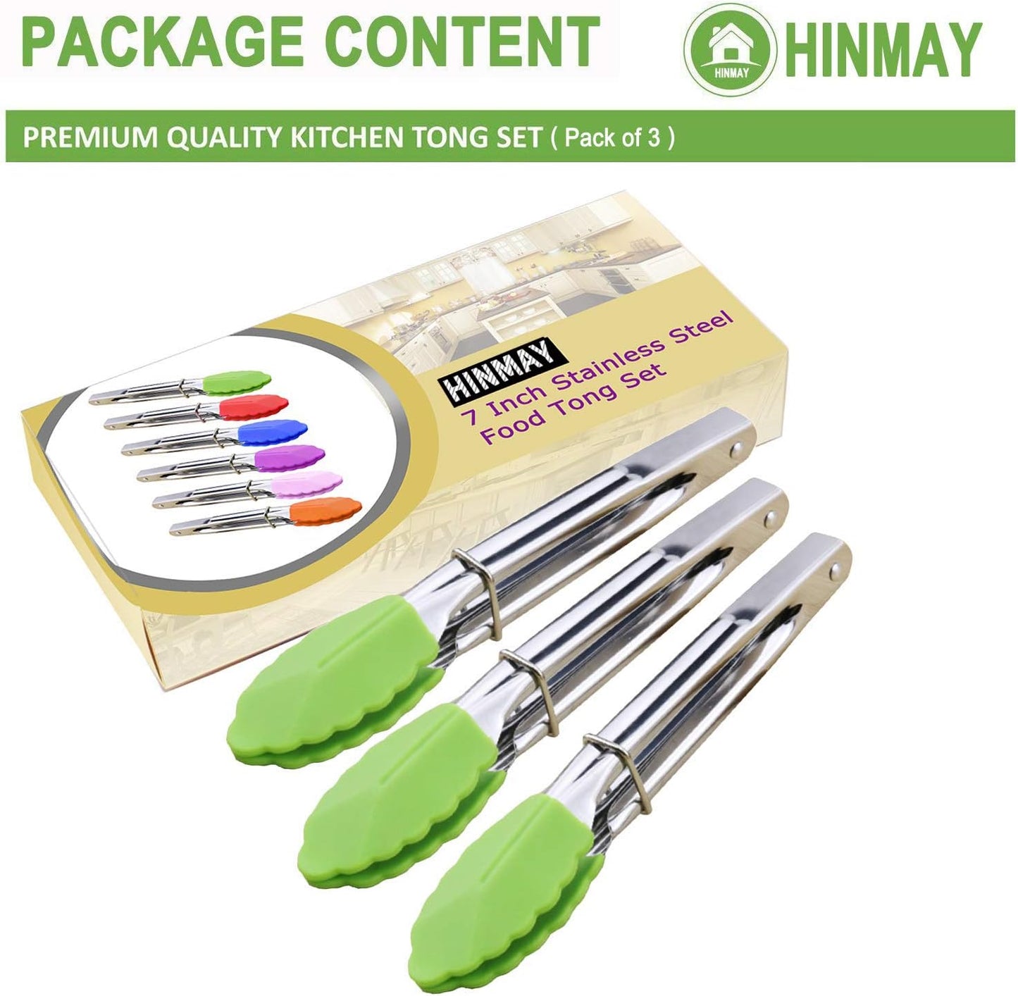 HINMAY Mini Stainless Steel Food Tongs with Silding Rings 7-Inch, Set of 6 | Small Clam Shell Service Tongs for Serving Appetizers, Desserts, Salads, Barbecue and Cooking (Silver)