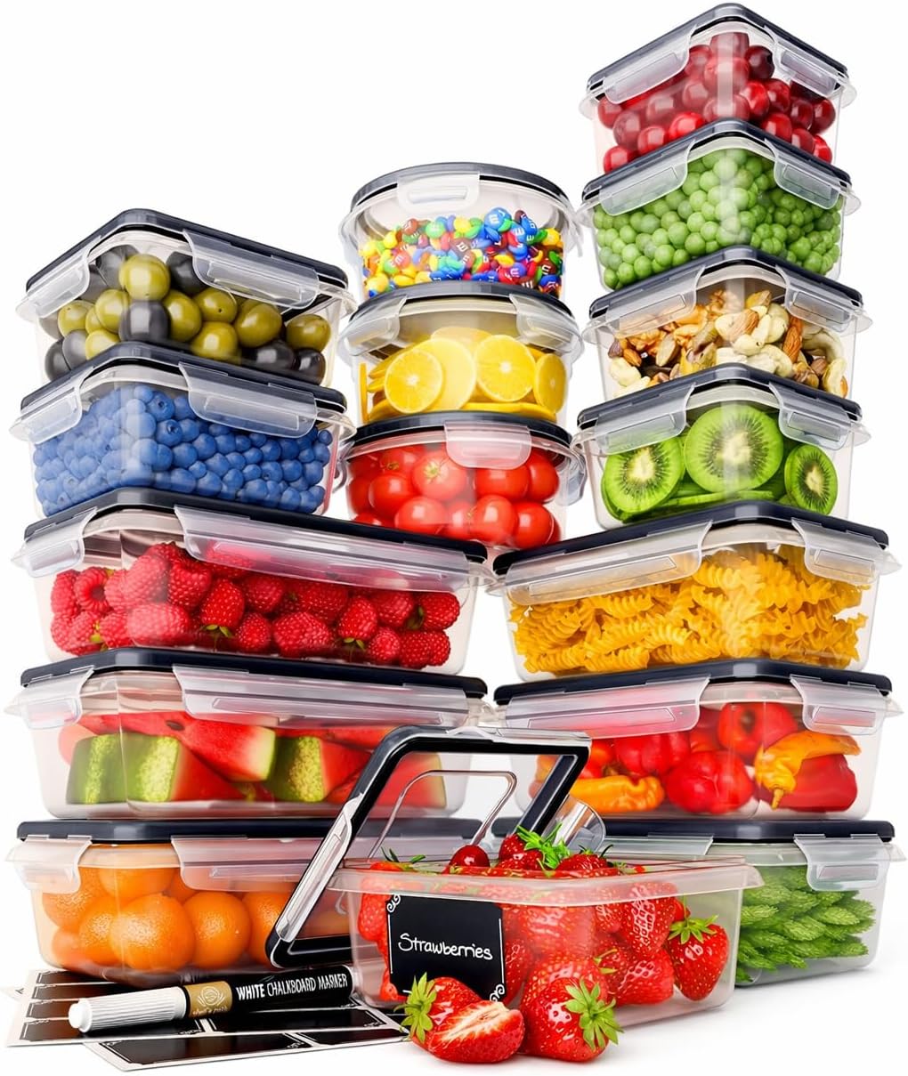 Chef's Path 28 Piece Airtight Food Storage Containers with Easy Snap Lids, 14 Containers and Lids, Stackable Kitchen and Pantry Canisters for Coffee, Meal Prep and Food Storage -Transparent