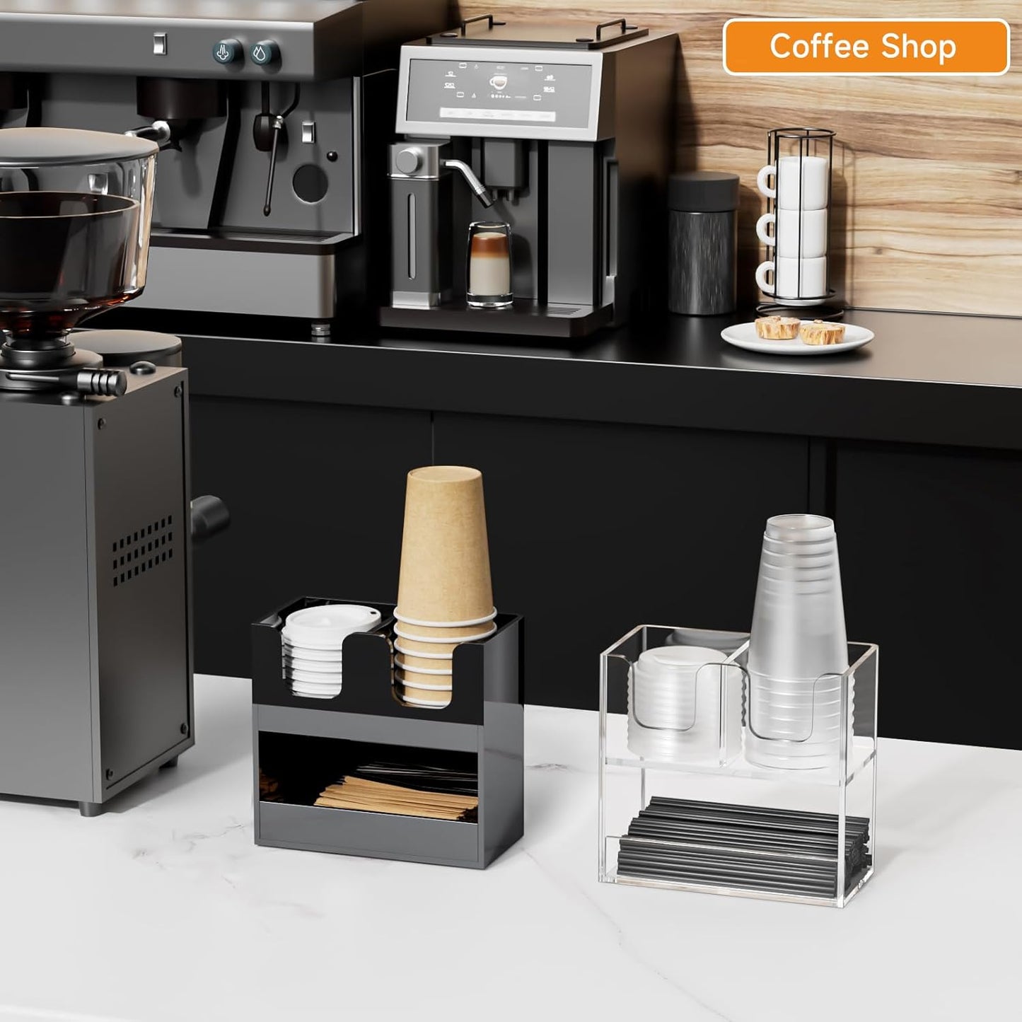 Beego 2-Compartment Cup Holder for Countertop - 2-Tier Clear Acrylic Cup Dispenser Coffee Station Paper Cup and Lid Organizer Condiment Storage for Restaurant Breakroom Kitchen Bar Accessories