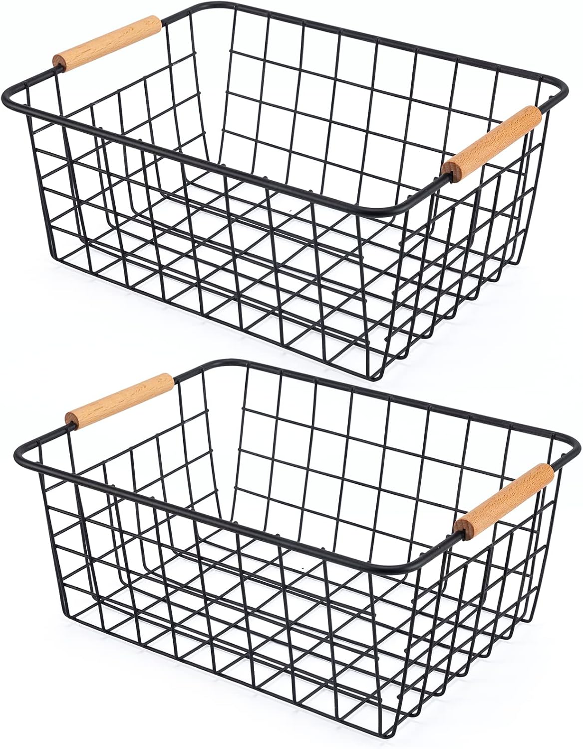 Wire Basket 4 Pcs Wire Storage Baskets Wire Baskets Organizing with Wooden Handles Wire Basket Pantry Organization and Storage Metal Wire Food Storage Basket for Kitchen, Cabinets (Black 4PCS)