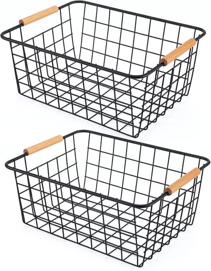 Wire Basket 4 Pcs Wire Storage Baskets Wire Baskets Organizing with Wooden Handles Wire Basket Pantry Organization and Storage Metal Wire Food Storage Basket for Kitchen, Cabinets (Black 4PCS)