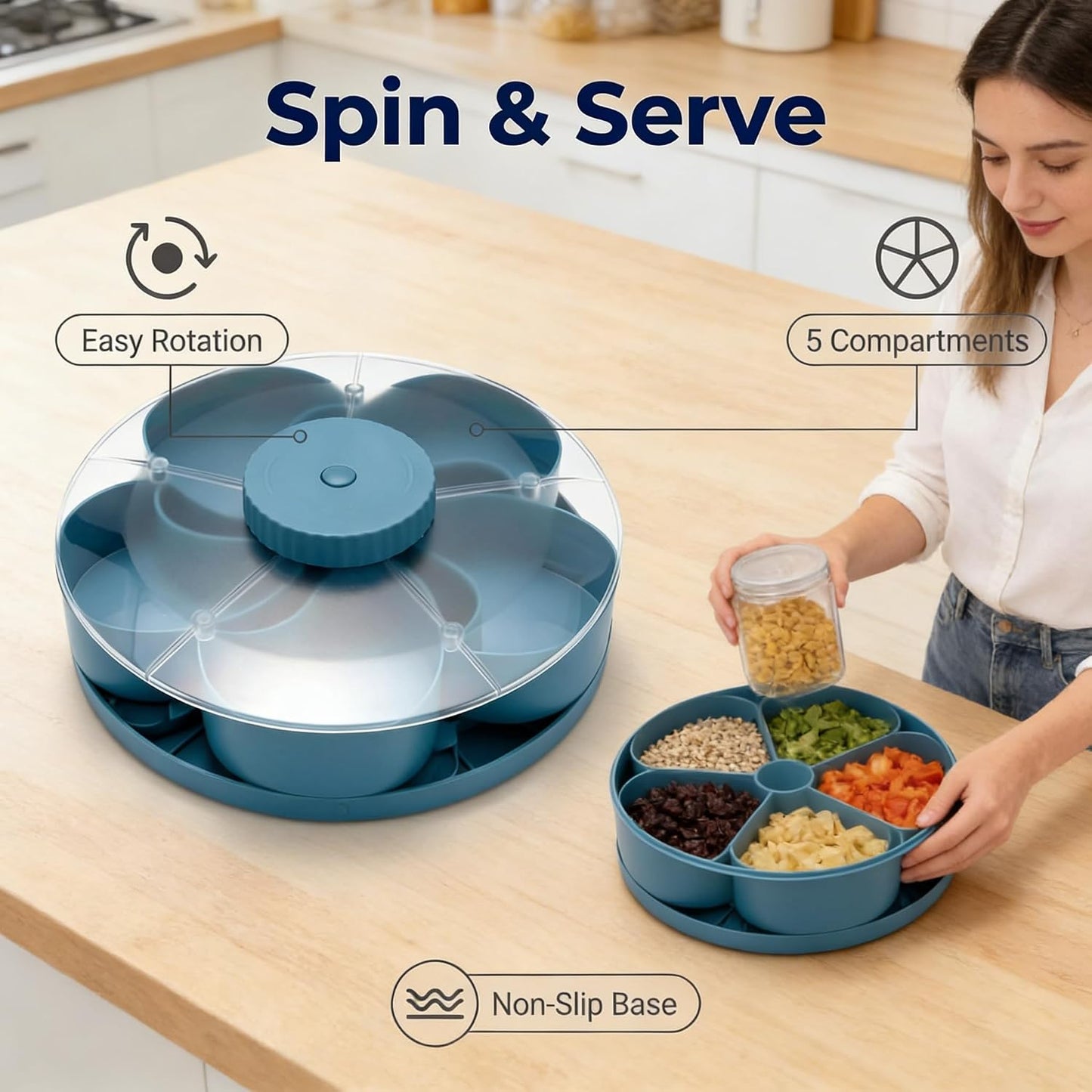 Divided Spin & Snack Serving Tray, Portable Travel Rotating Multi-Compartment Food Organizer with Lid, Party Platter for Chips, Veggies, Fruits, Dips, Nuts (Blue)
