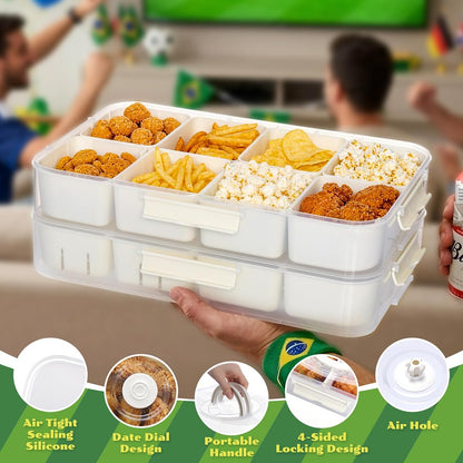 LUXEAR Divided Serving Tray with Lid and Handle Snack Box Charcuterie Container Dishwasher Safe 8 Compartment Snack Platters Portable Clear Organizer for Fruits, Candy, Snacks, Picnic, Travel