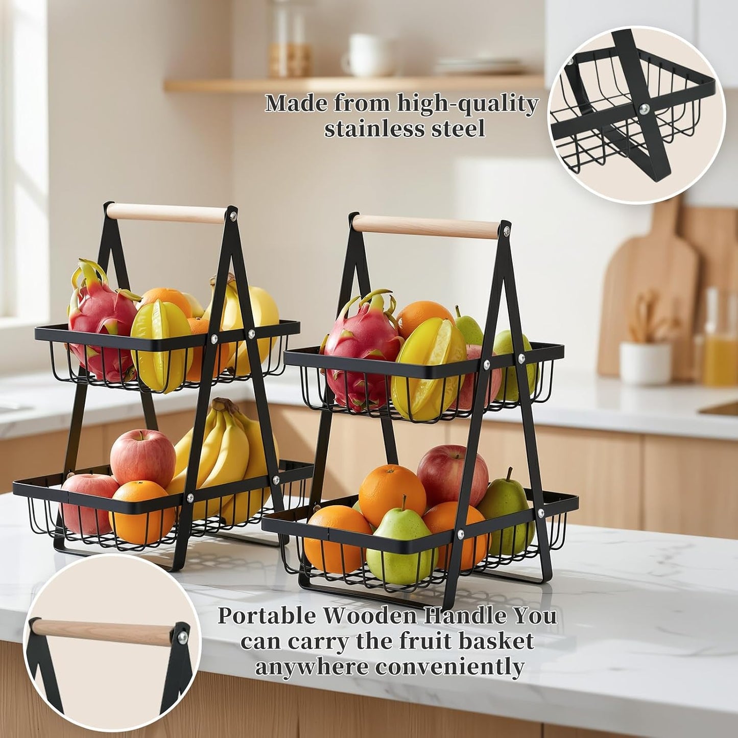 Detachable 2 Tier Fruit Basket for Kitchen Counter, Stainless Steel | Suitable for sorting produce, bread, and snacks in black rectangular baskets with a wooden carry handle for easier access