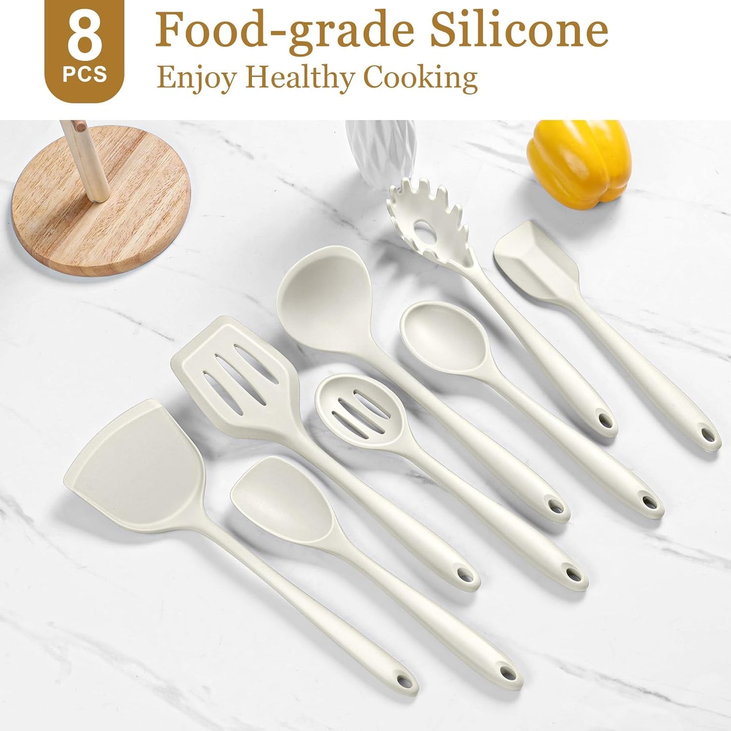 LIANYU Non-Toxic Silicone Kitchen Utensils Set, 8 Piece Non-Scratch Cooking Spoons & Spatulas, Stainless Steel Core, Heat Resistant & Dishwasher Safe, Khaki