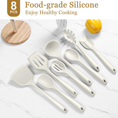 LIANYU Non-Toxic Silicone Kitchen Utensils Set, 8 Piece Non-Scratch Cooking Spoons & Spatulas, Stainless Steel Core, Heat Resistant & Dishwasher Safe, Khaki