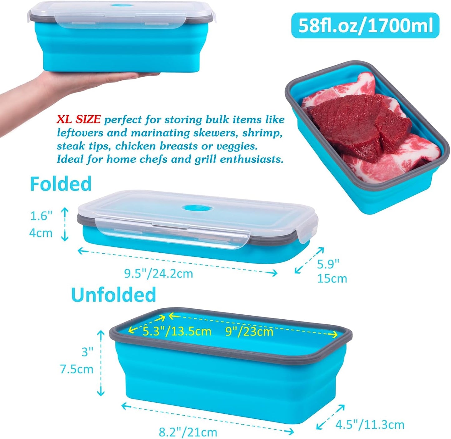 Collapsible Food Storage Containers with Lids, 4 Pack, 40 oz Silicone 1-Compartment Meal Prep Containers Reusable, Lunch Bento Boxes for Adults, Microwave Freezer Dishwasher Safe, BPA-Free, Black