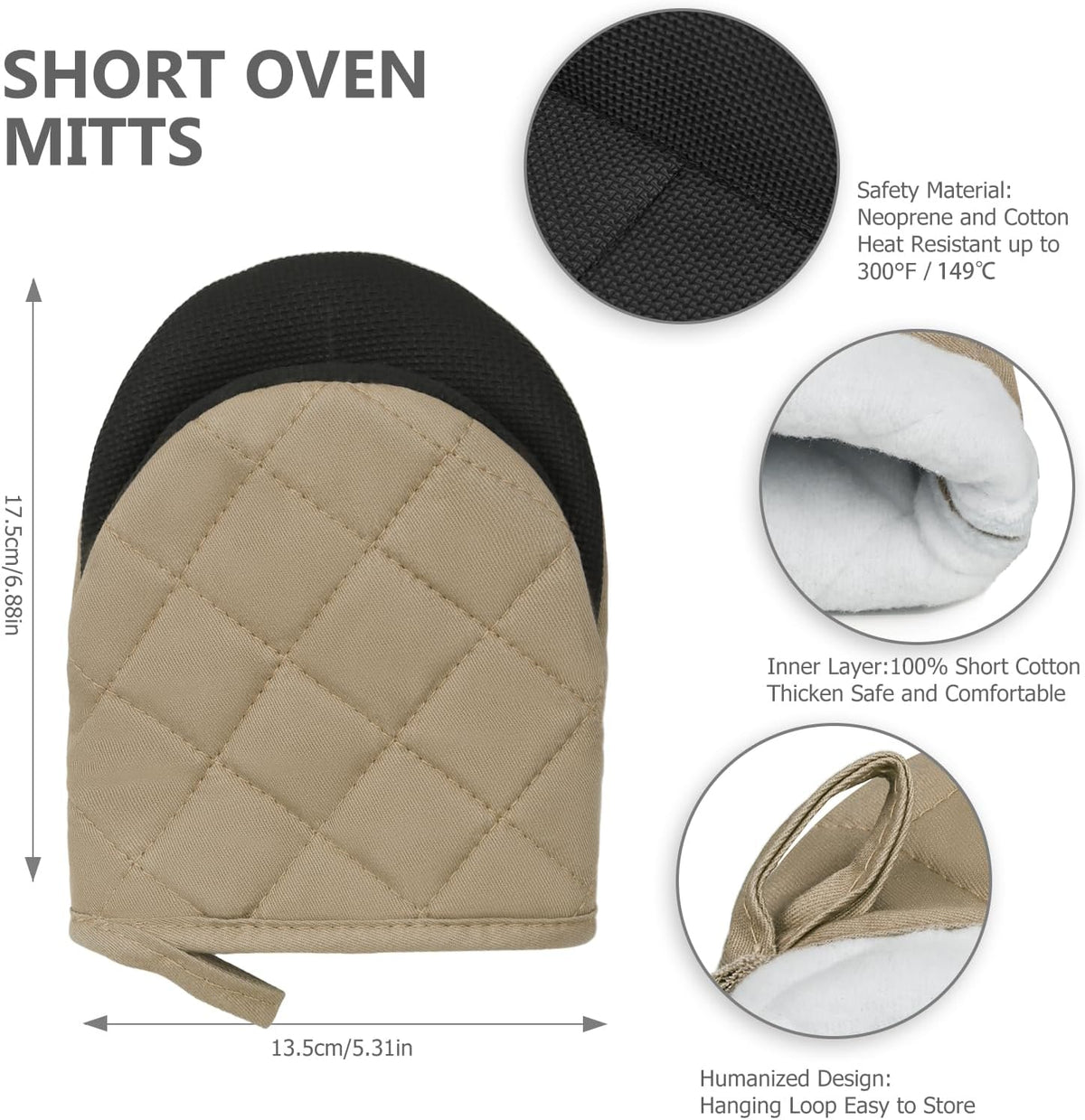 1 Pair Short Oven Mitts - Silicone Kitchen Oven Gloves High Heat Resistant 500℉, Mini Oven Mits with Non-Slip Grip Surfaces and Hanging Loop for BBQ, Baking, Cooking and Grilling (Black)