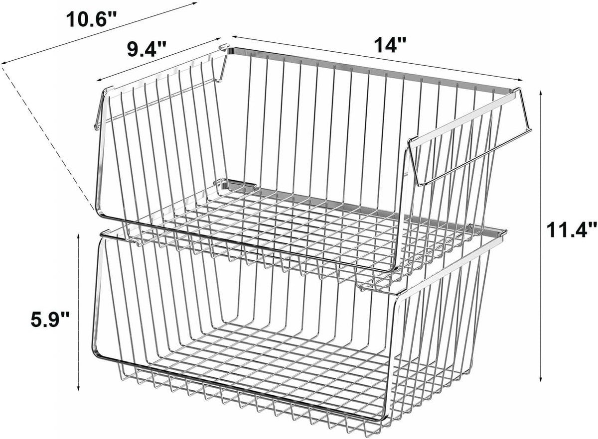 Wire Storage Basket Stackable Organizer Storage Baskets Bins Sturdy Metal Organization with Handles for Pantry, Kitchen, Closets, Bathroom, Cabinets, Kitchen, Set of 3