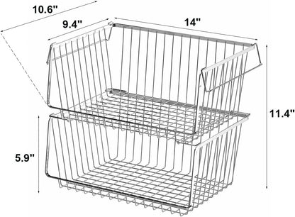 Wire Storage Basket Stackable Organizer Storage Baskets Bins Sturdy Metal Organization with Handles for Pantry, Kitchen, Closets, Bathroom, Cabinets, Kitchen, Set of 3