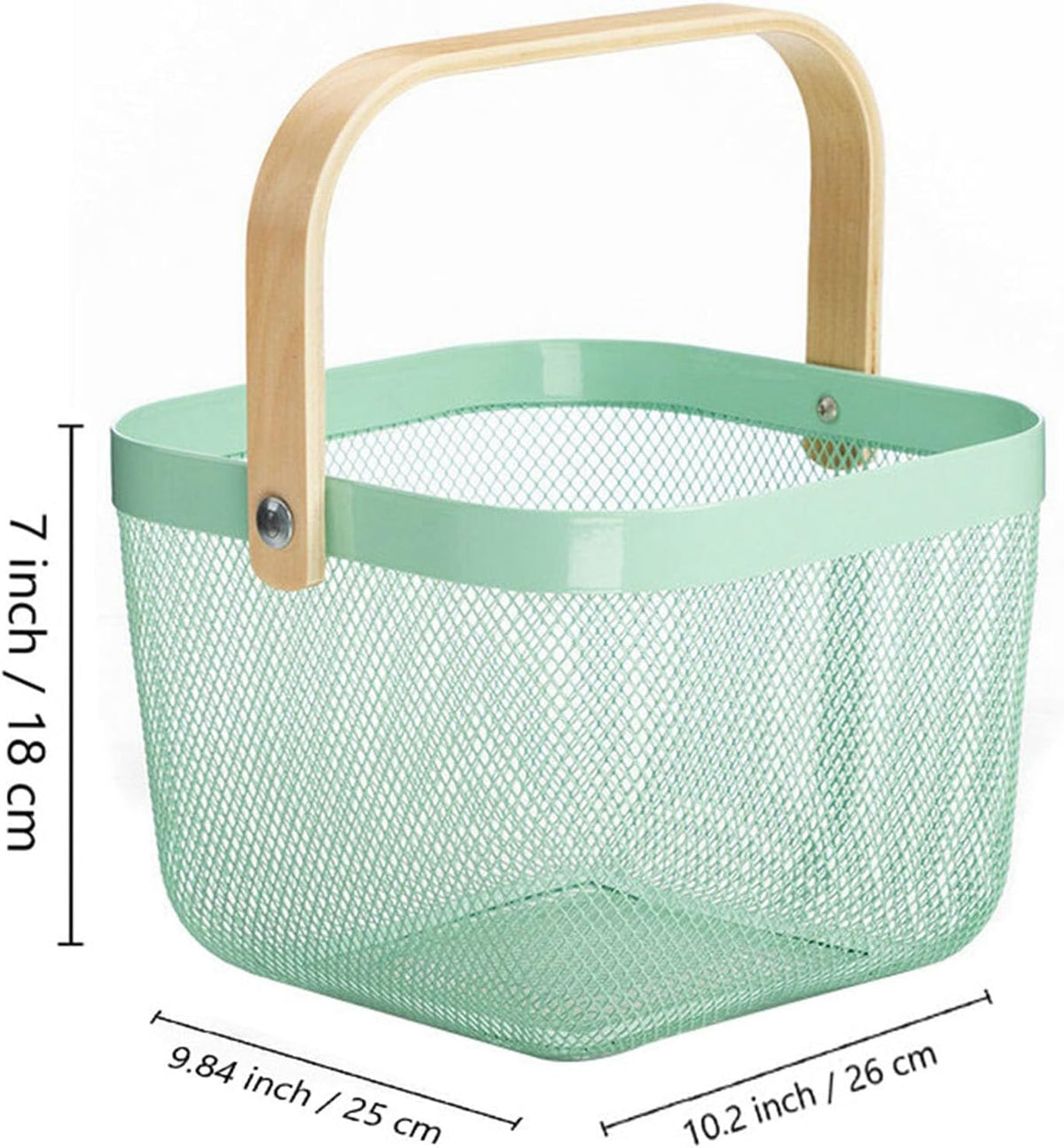 AJIODA Metal Mesh Steel Basket, Storage Organizer Basket Multi-functional Hanging Kitchen Baskets Fruit Basket Bin with Bamboo Handle for Kitchen Bathroom Picnic Shopping Decor Cabinet Home, Blue